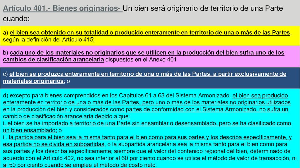 Artículo Bienes originarios- Un bien será originario de territorio de una Parte cuando: