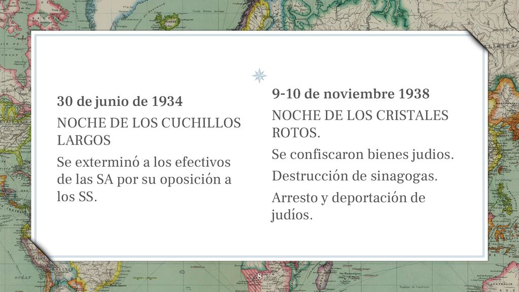 9-10 de noviembre 1938 NOCHE DE LOS CRISTALES ROTOS. Se confiscaron bienes judios. Destrucción de sinagogas.