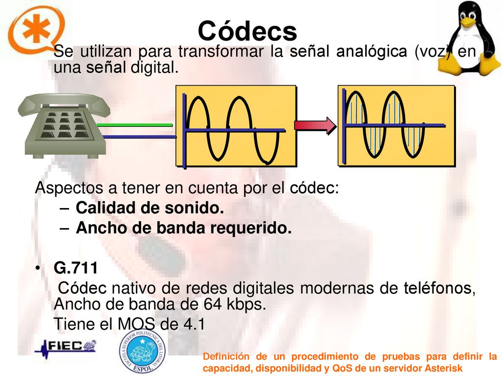 Códecs Se utilizan para transformar la señal analógica (voz) en una señal digital. Aspectos a tener en cuenta por el códec: