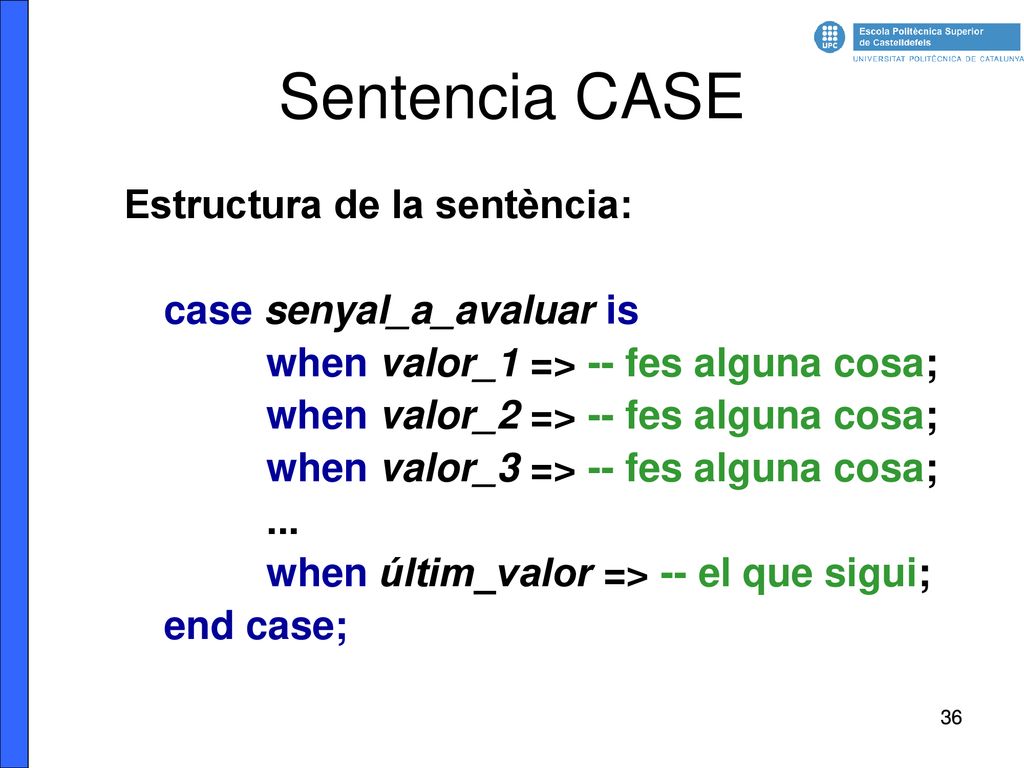 Sentencia CASE Estructura de la sentència: case senyal_a_avaluar is