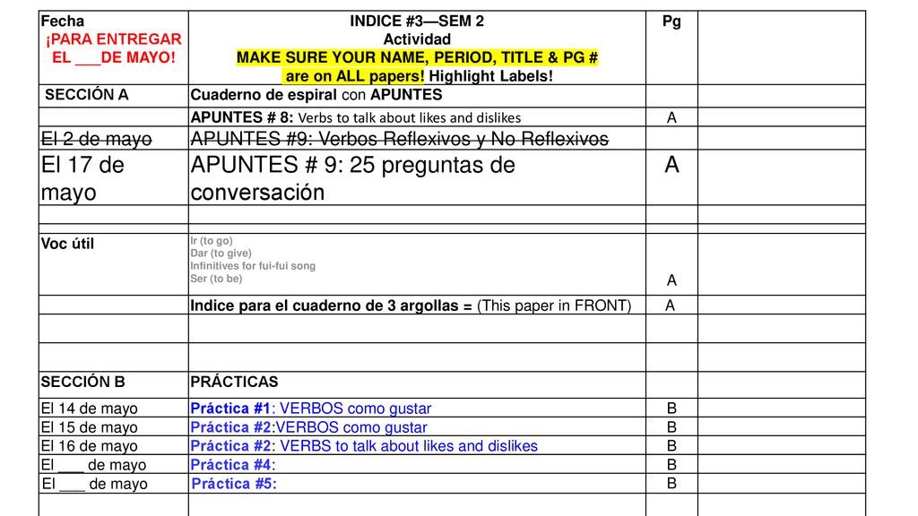 ¡PARA ENTREGAR EL ___DE MAYO! are on ALL papers! Highlight Labels!