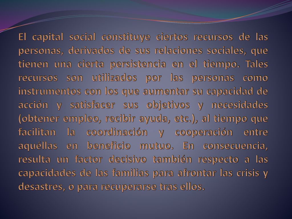 El capital social constituye ciertos recursos de las personas, derivados de sus relaciones sociales, que tienen una cierta persistencia en el tiempo.