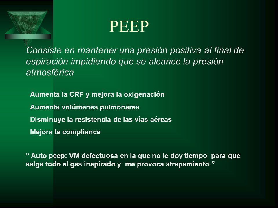 PEEP Consiste en mantener una presión positiva al final de espiración impidiendo que se alcance la presión atmosférica.