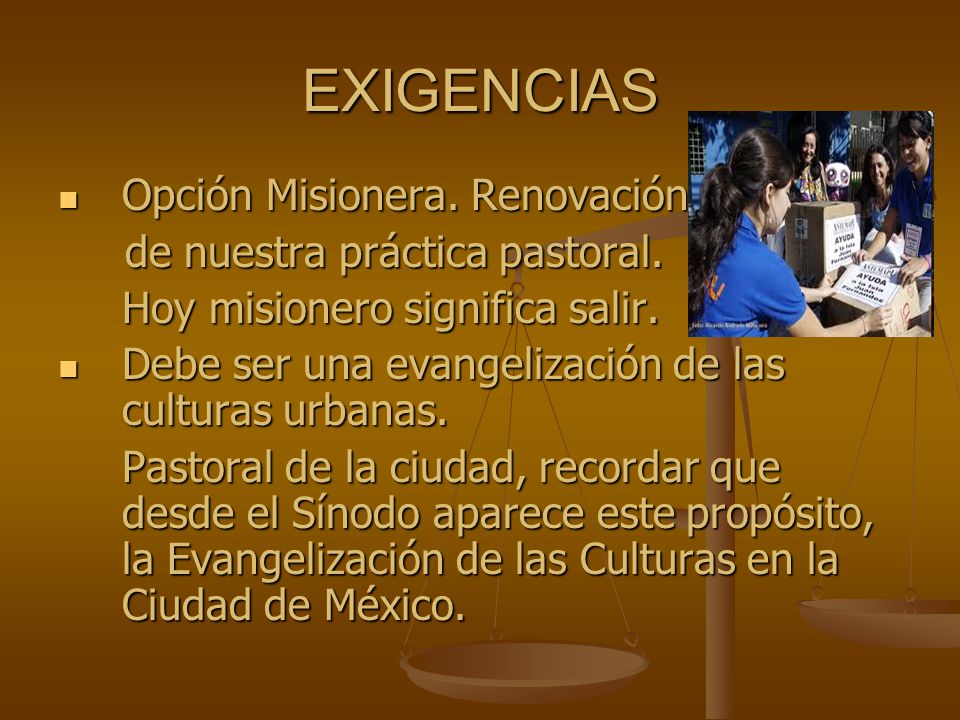 EXIGENCIAS Opción Misionera. Renovación de nuestra práctica pastoral.