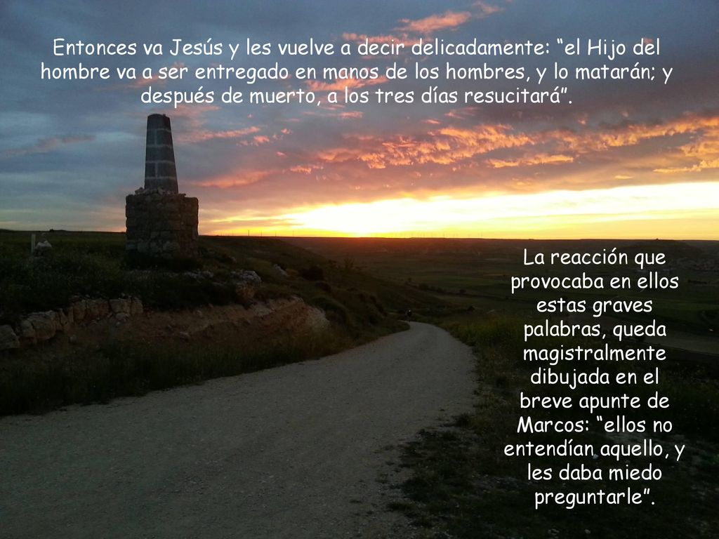 Entonces va Jesús y les vuelve a decir delicadamente: el Hijo del hombre va a ser entregado en manos de los hombres, y lo matarán; y después de muerto, a los tres días resucitará .