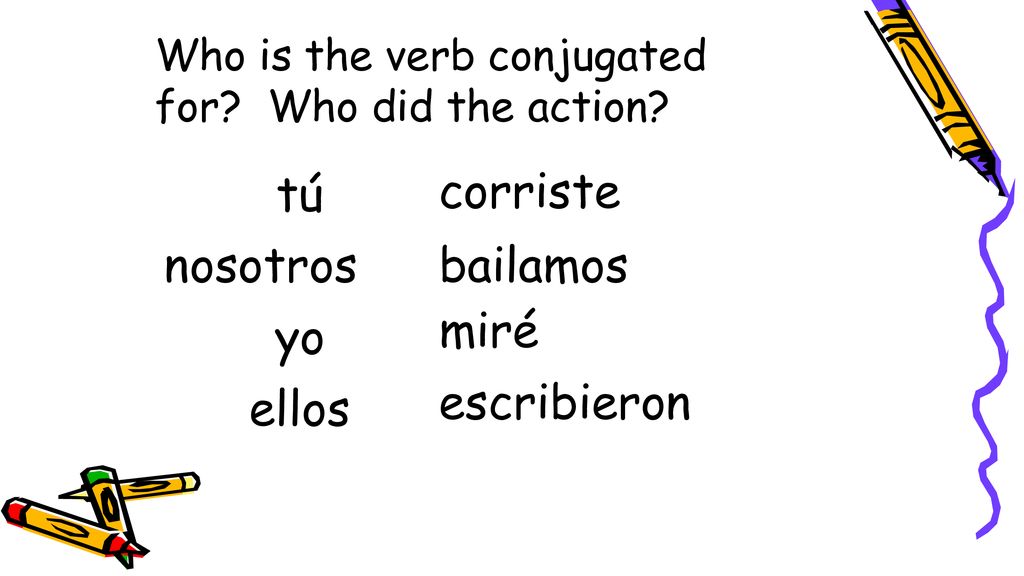 tú corriste nosotros bailamos miré yo escribieron ellos