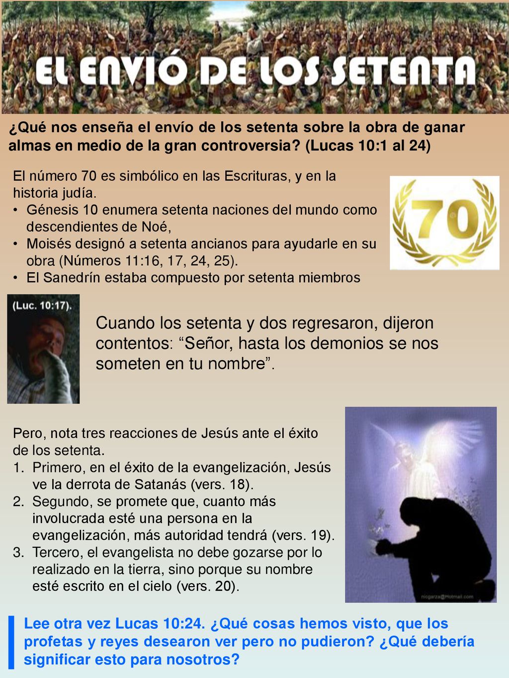 ¿Qué nos enseña el envío de los setenta sobre la obra de ganar almas en medio de la gran controversia (Lucas 10:1 al 24)