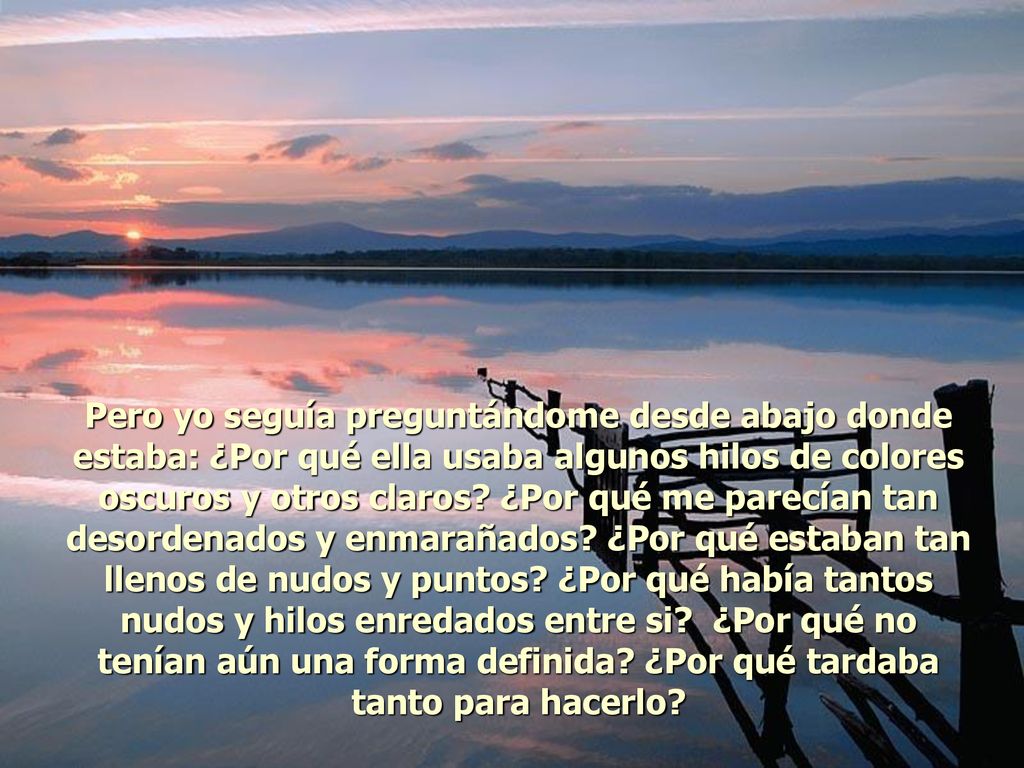Pero yo seguía preguntándome desde abajo donde estaba: ¿Por qué ella usaba algunos hilos de colores oscuros y otros claros.