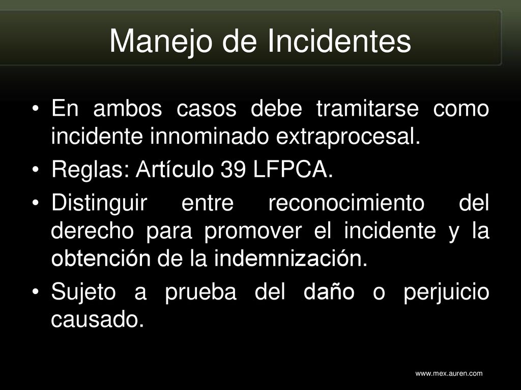 Manejo de Incidentes En ambos casos debe tramitarse como incidente innominado extraprocesal. Reglas: Artículo 39 LFPCA.