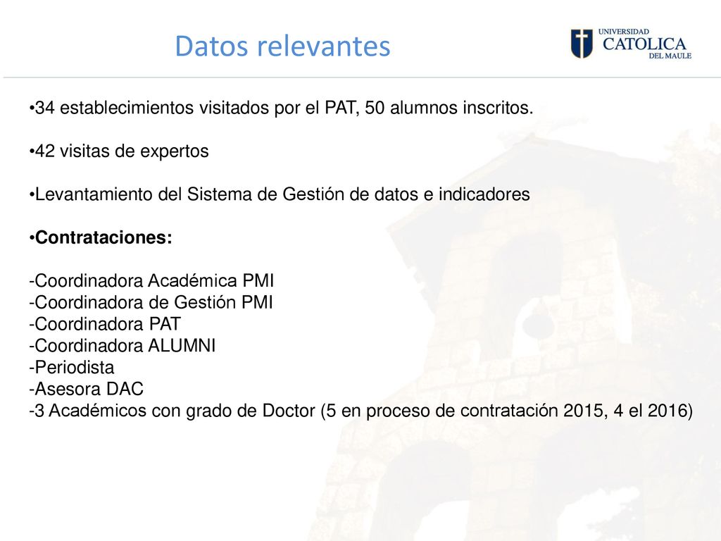 Datos relevantes 34 establecimientos visitados por el PAT, 50 alumnos inscritos. 42 visitas de expertos.