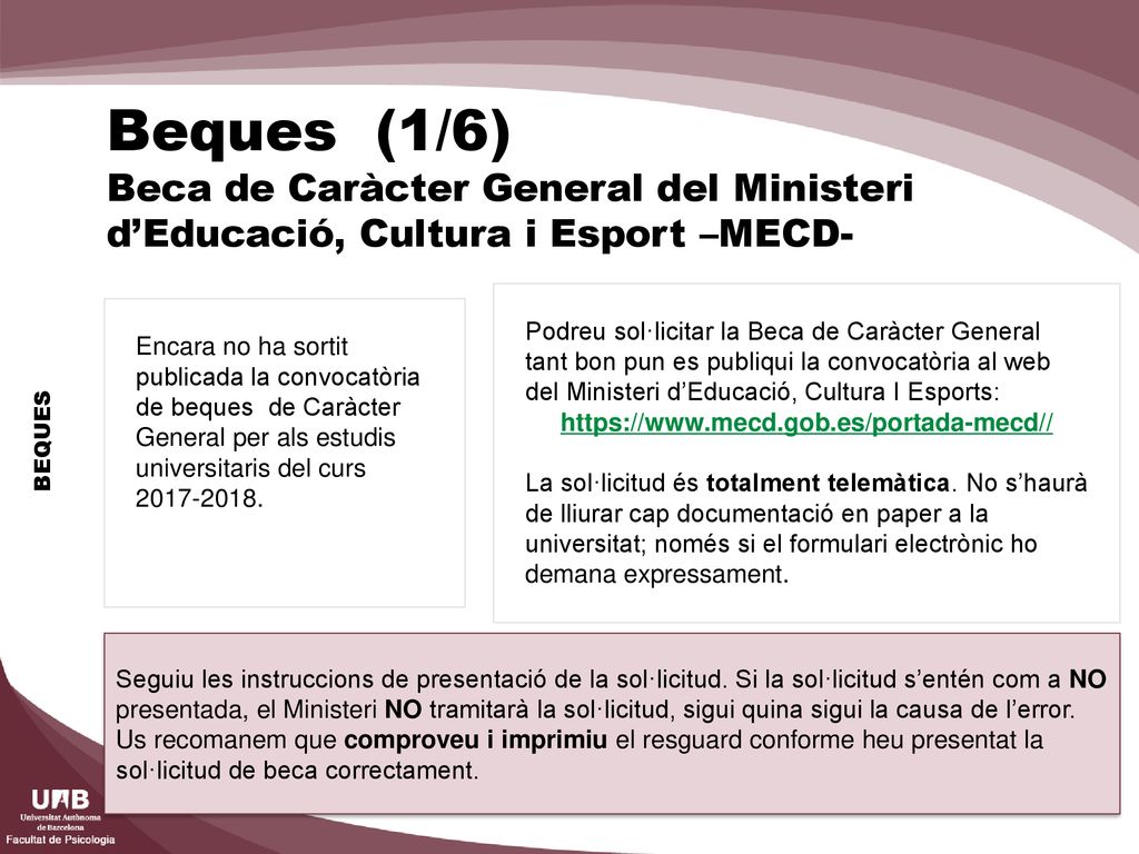 Beques (1/6) Beca de Caràcter General del Ministeri d’Educació, Cultura i Esport –MECD-