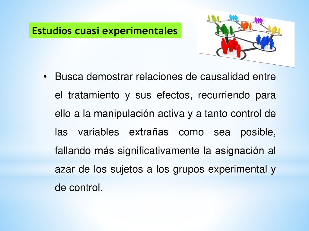 Busca demostrar relaciones de causalidad entre el tratamiento y sus efectos, recurriendo para ello a la manipulación activa y a tanto control de las variables extrañas como sea posible, fallando más significativamente la asignación al azar de los sujetos a los grupos experimental y de control.