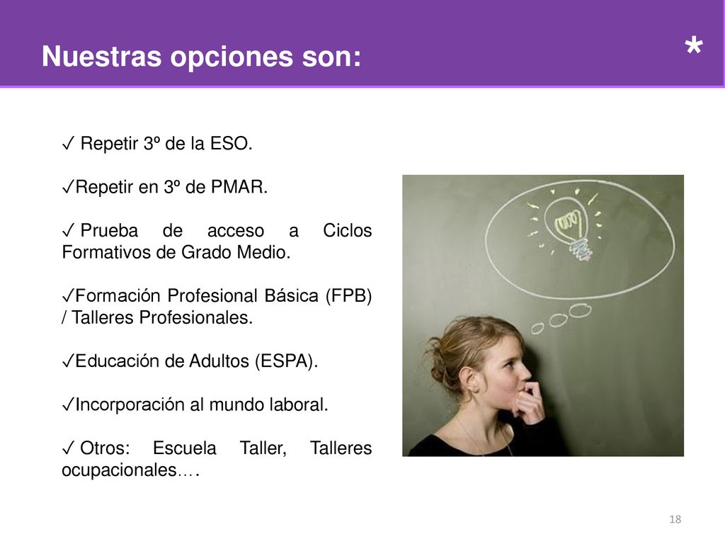 * Nuestras opciones son: Repetir 3º de la ESO. Repetir en 3º de PMAR.