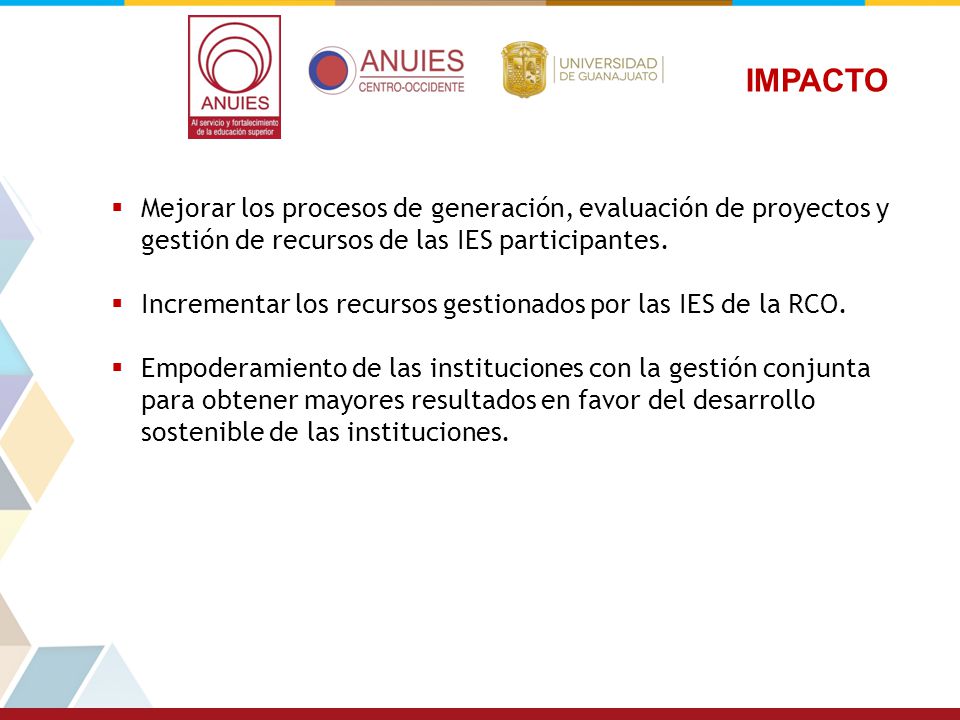 IMPACTO Mejorar los procesos de generación, evaluación de proyectos y gestión de recursos de las IES participantes.