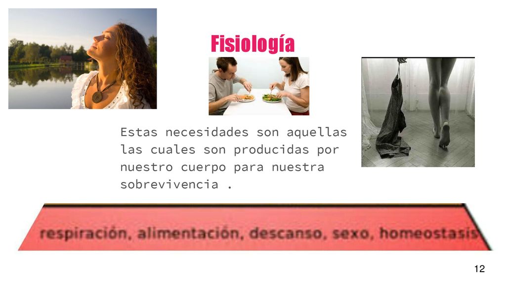 Fisiología Estas necesidades son aquellas las cuales son producidas por nuestro cuerpo para nuestra sobrevivencia .