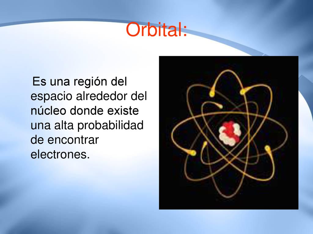 Orbital: Es una región del espacio alrededor del núcleo donde existe una alta probabilidad de encontrar electrones.