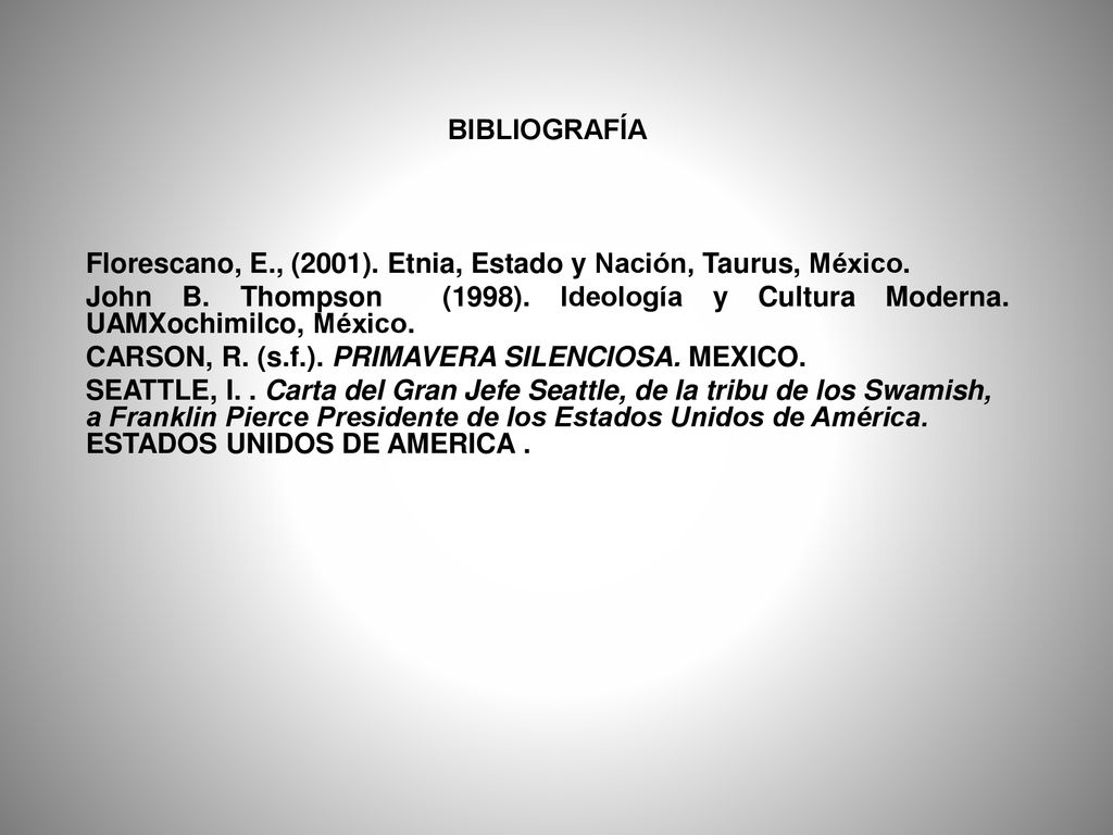 BIBLIOGRAFÍA Florescano, E., (2001). Etnia, Estado y Nación, Taurus, México.