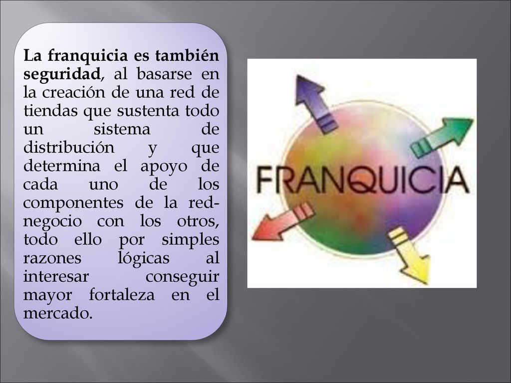 La franquicia es también seguridad, al basarse en la creación de una red de tiendas que sustenta todo un sistema de distribución y que determina el apoyo de cada uno de los componentes de la red-negocio con los otros, todo ello por simples razones lógicas al interesar conseguir mayor fortaleza en el mercado.