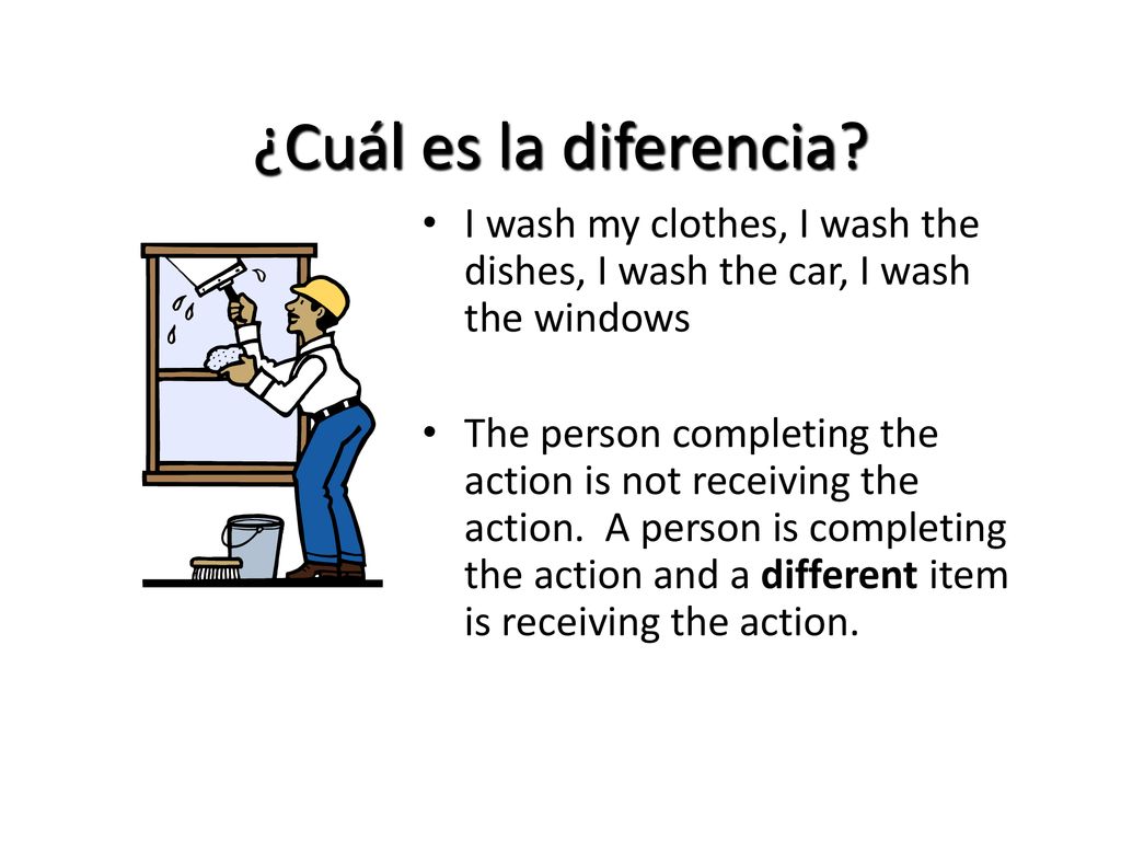 ¿Cuál es la diferencia I wash my clothes, I wash the dishes, I wash the car, I wash the windows.