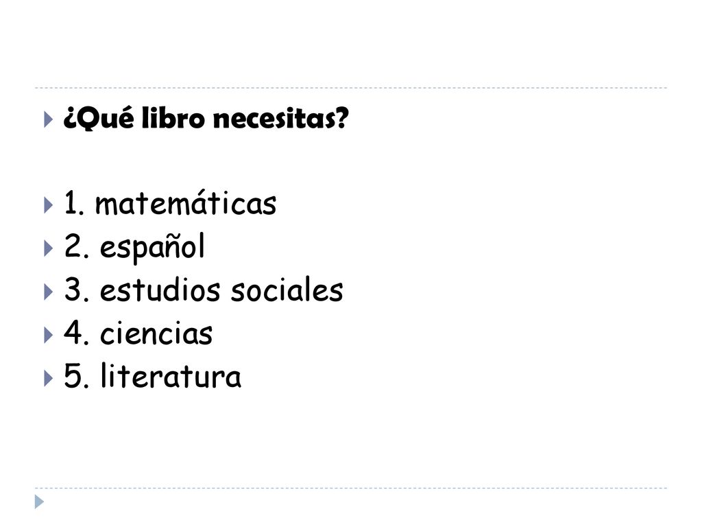 ¿Qué libro necesitas 1. matemáticas 2. español 3. estudios sociales 4. ciencias 5. literatura