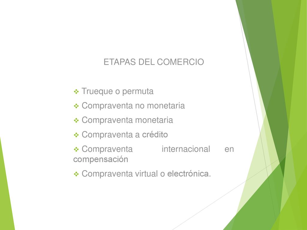 ETAPAS DEL COMERCIO Trueque o permuta. Compraventa no monetaria. Compraventa monetaria. Compraventa a crédito.