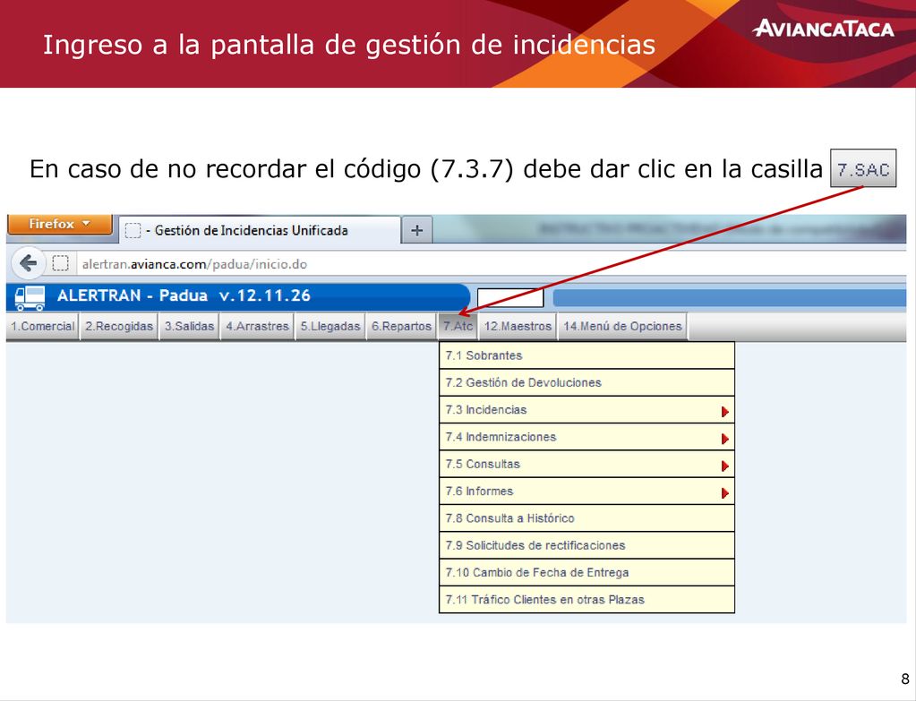 Ingreso a la pantalla de gestión de incidencias