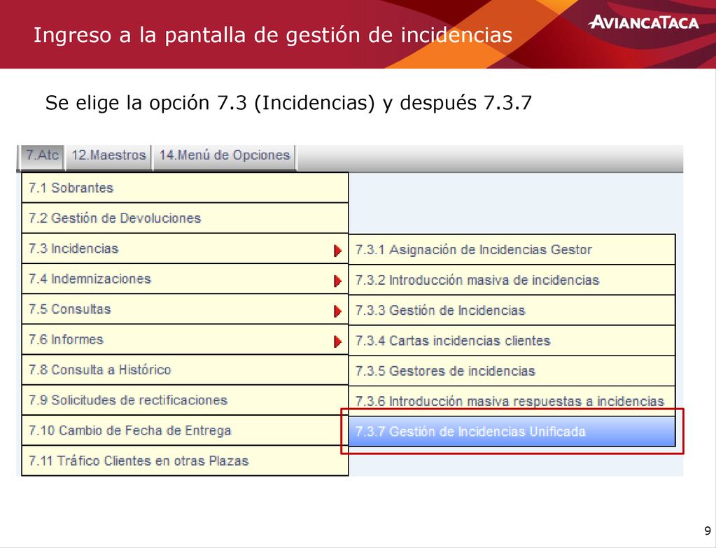 Ingreso a la pantalla de gestión de incidencias