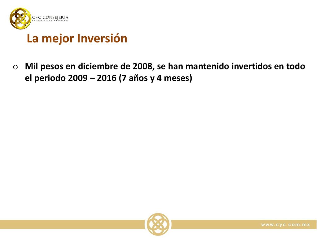 La mejor Inversión Mil pesos en diciembre de 2008, se han mantenido invertidos en todo el periodo 2009 – 2016 (7 años y 4 meses)
