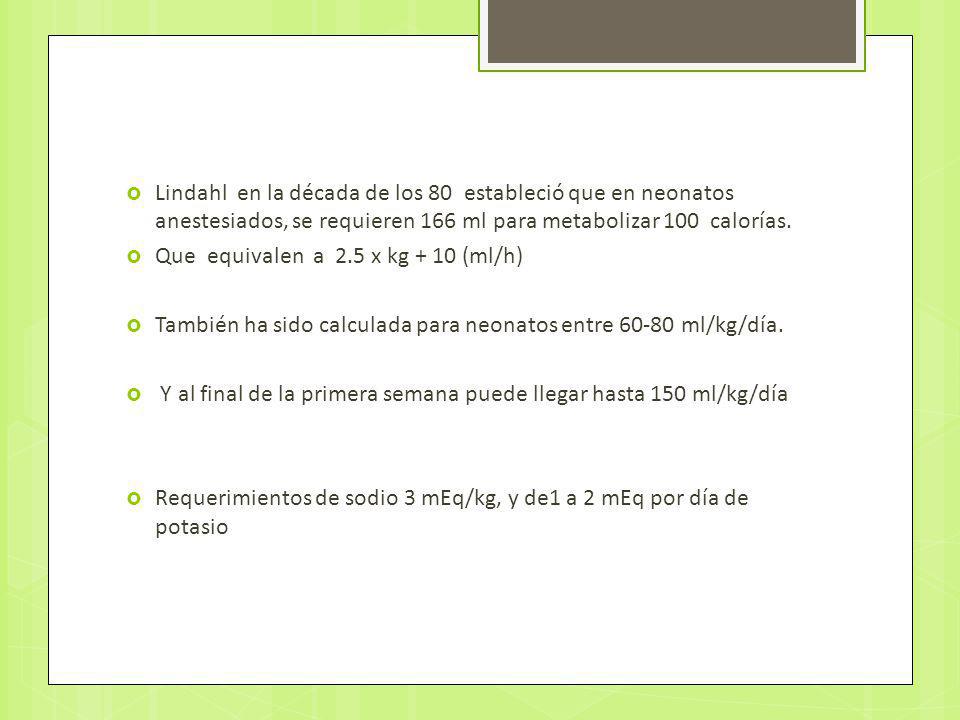 Lindahl en la década de los 80 estableció que en neonatos anestesiados, se requieren 166 ml para metabolizar 100 calorías.