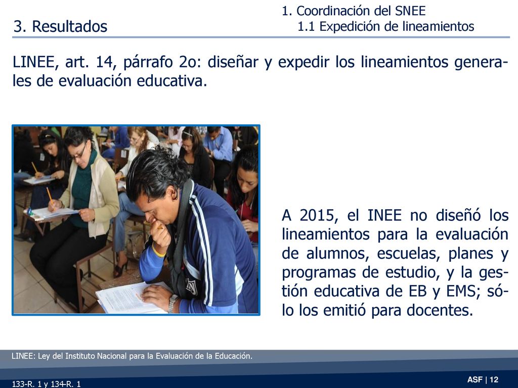 1. Coordinación del SNEE 1.1 Expedición de lineamientos. 3. Resultados.