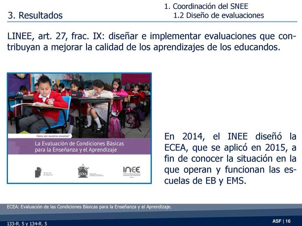 1. Coordinación del SNEE 1.2 Diseño de evaluaciones. 3. Resultados.