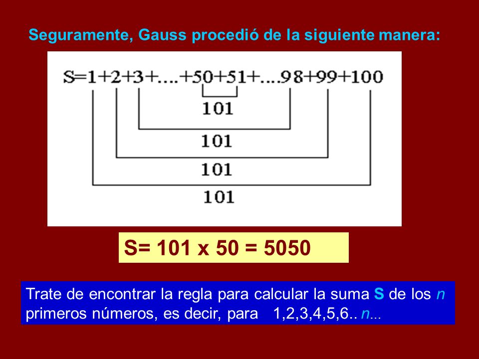 S= 101 x 50 = 5050 Seguramente, Gauss procedió de la siguiente manera: