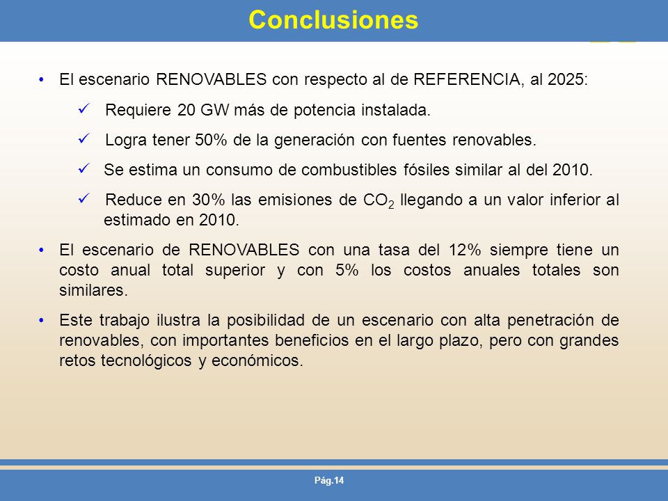 Conclusiones El escenario RENOVABLES con respecto al de REFERENCIA, al 2025: Requiere 20 GW más de potencia instalada.