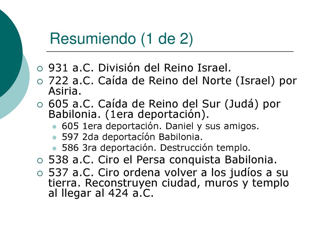 Resumiendo (1 de 2) 931 a.C. División del Reino Israel.