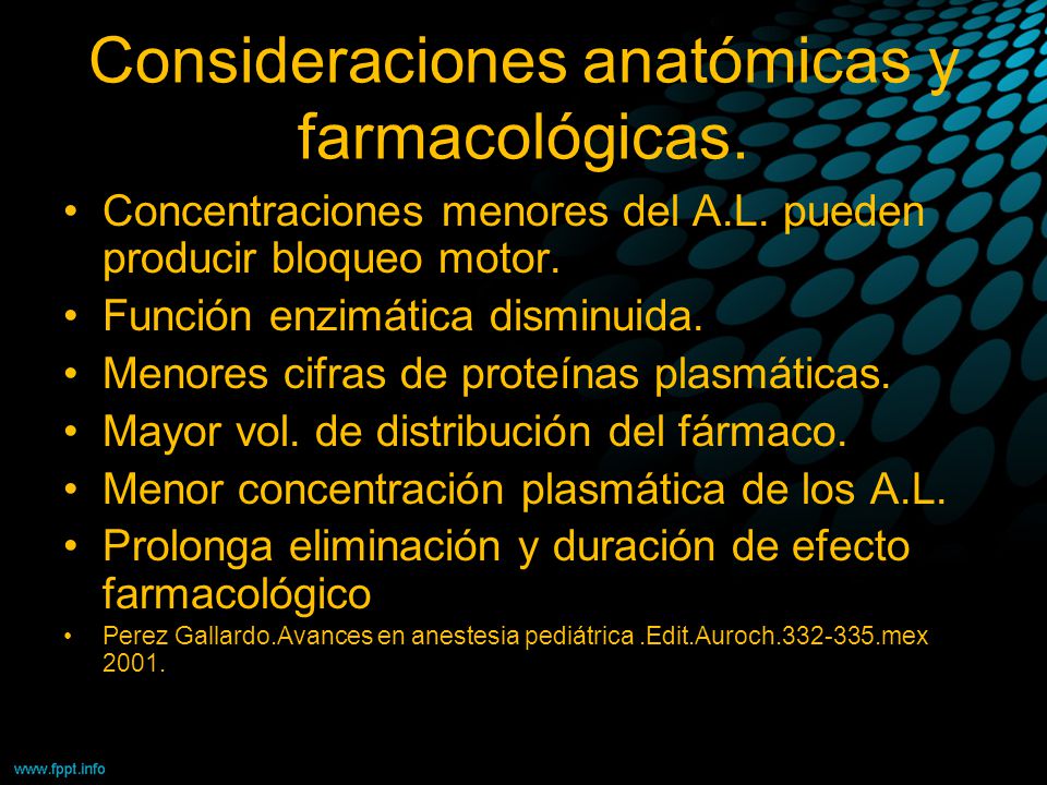 Consideraciones anatómicas y farmacológicas.