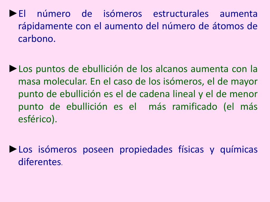 ►El número de isómeros estructurales aumenta rápidamente con el aumento del número de átomos de carbono.