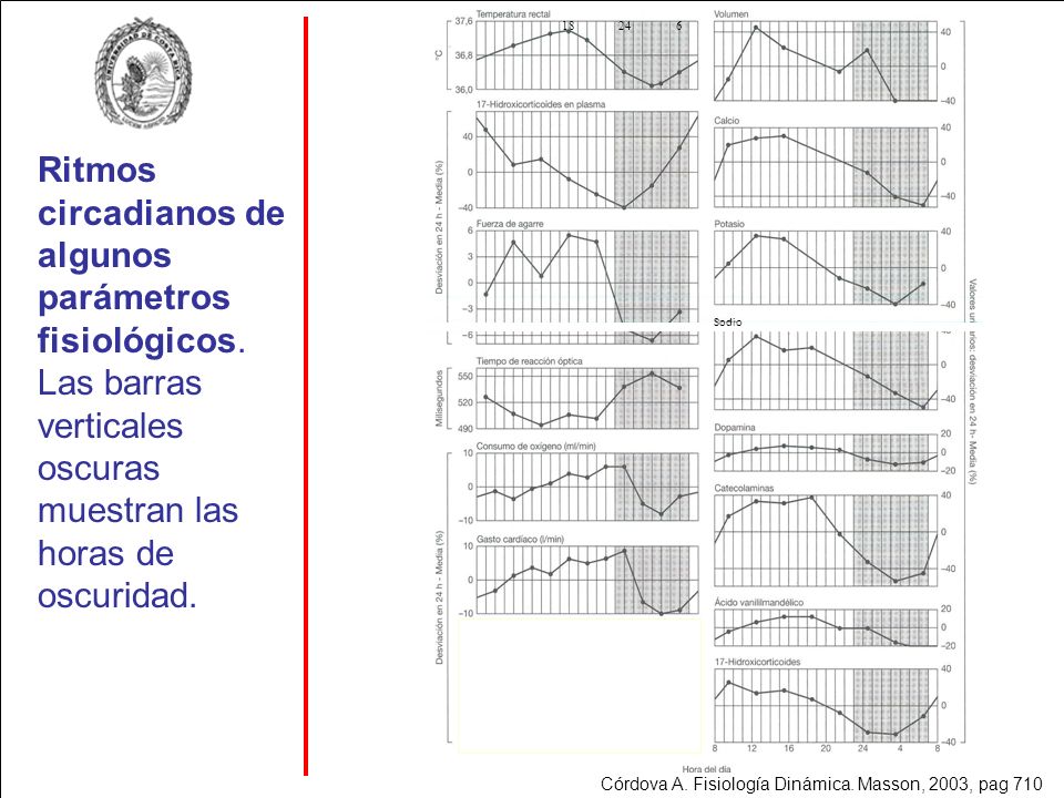 Sodio Ritmos circadianos de algunos parámetros fisiológicos. Las barras verticales oscuras muestran las horas de oscuridad.