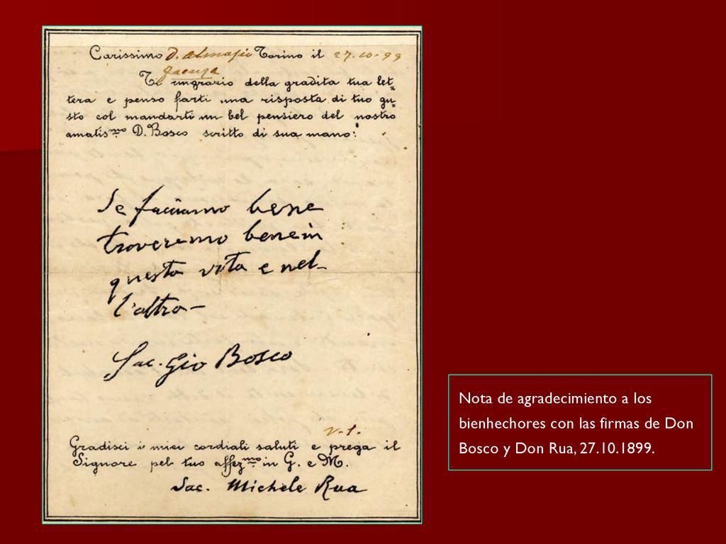 Nota de agradecimiento a los bienhechores con las firmas de Don Bosco y Don Rua,
