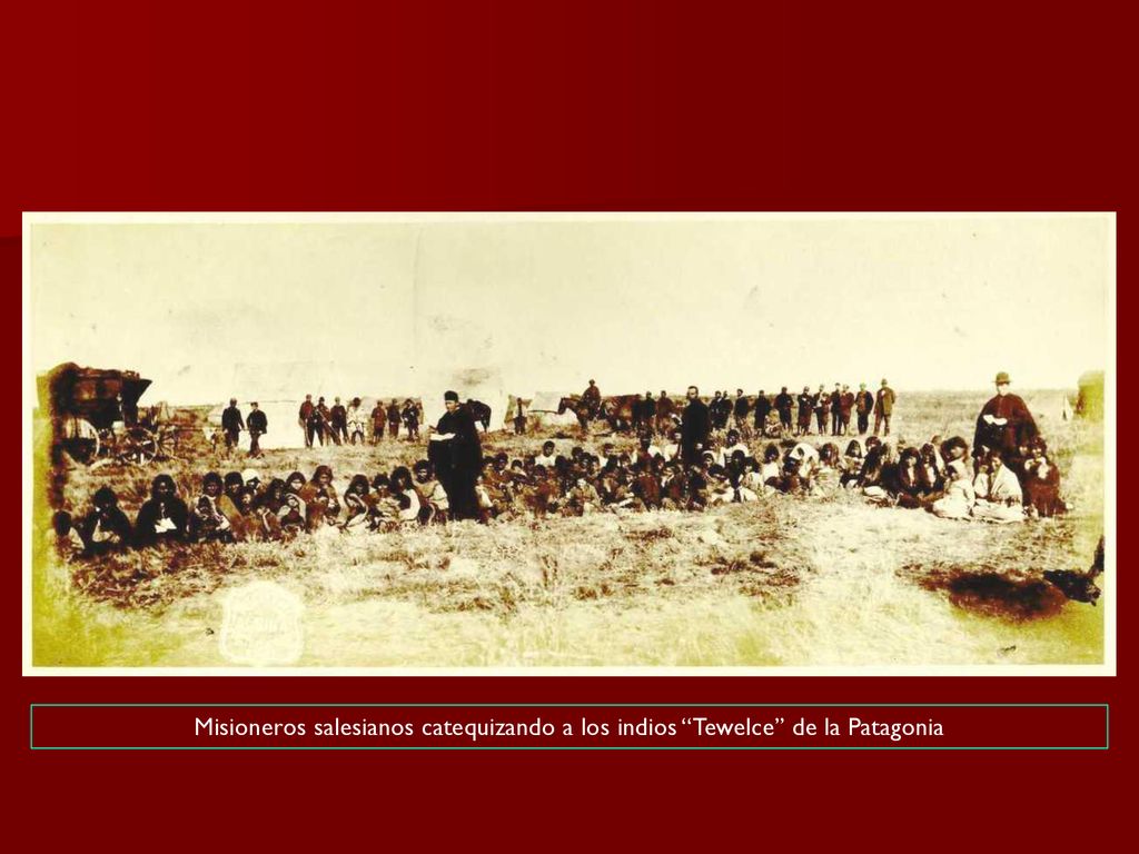 Misioneros salesianos catequizando a los indios Tewelce de la Patagonia