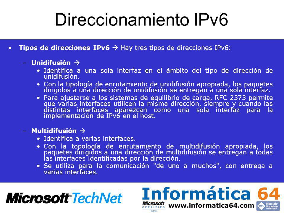 Direccionamiento IPv6 Tipos de direcciones IPv6  Hay tres tipos de direcciones IPv6: Unidifusión 
