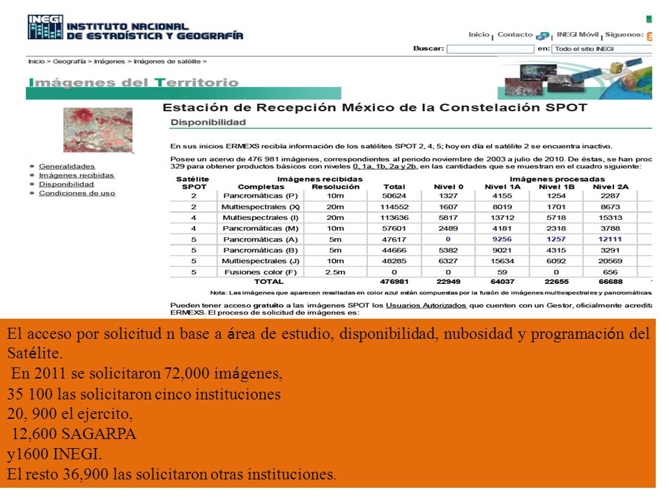 El acceso por solicitud n base a área de estudio, disponibilidad, nubosidad y programación del Satélite.