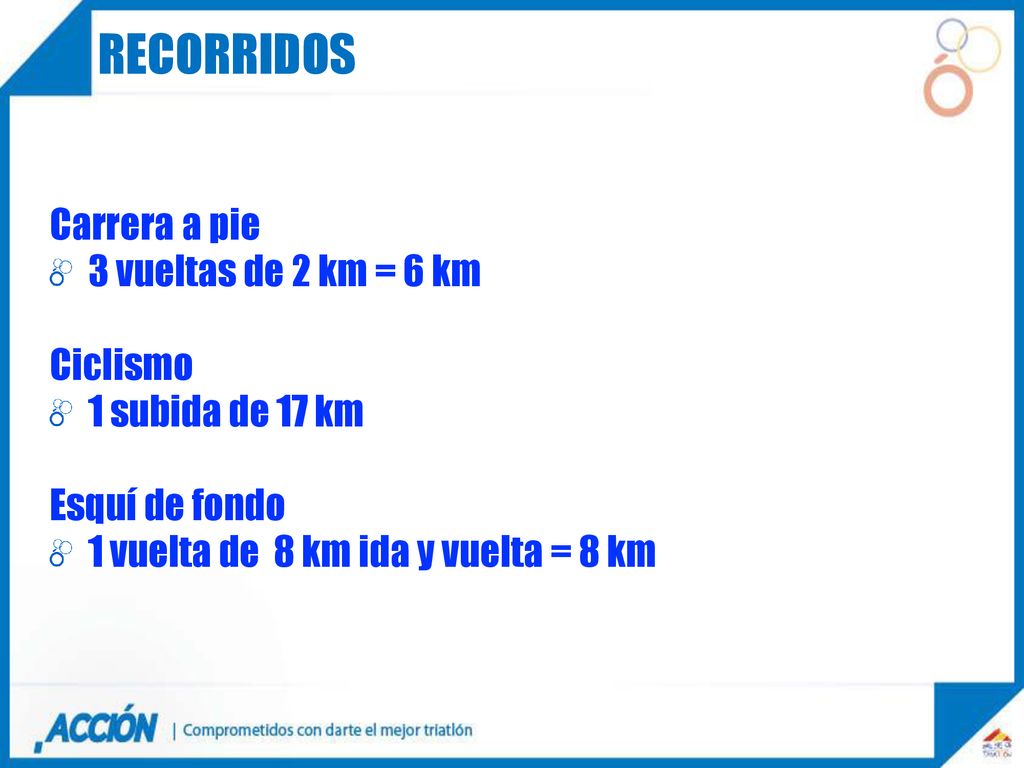 recorridos Carrera a pie 3 vueltas de 2 km = 6 km Ciclismo