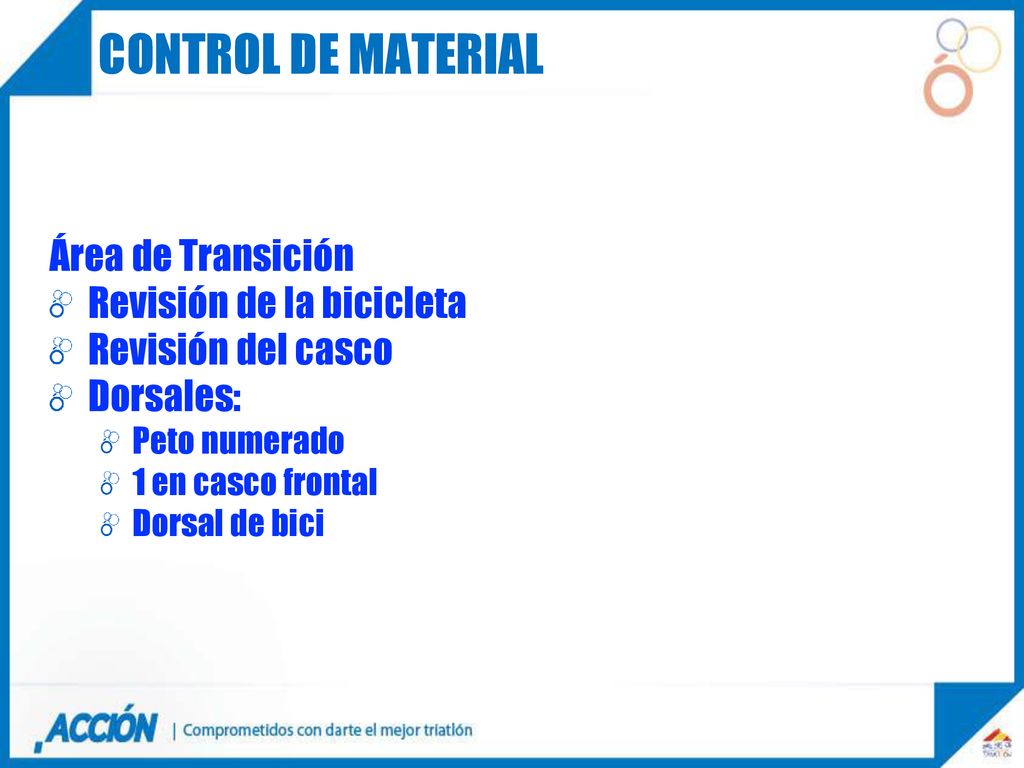 CONTROL DE MATERIAL Área de Transición Revisión de la bicicleta