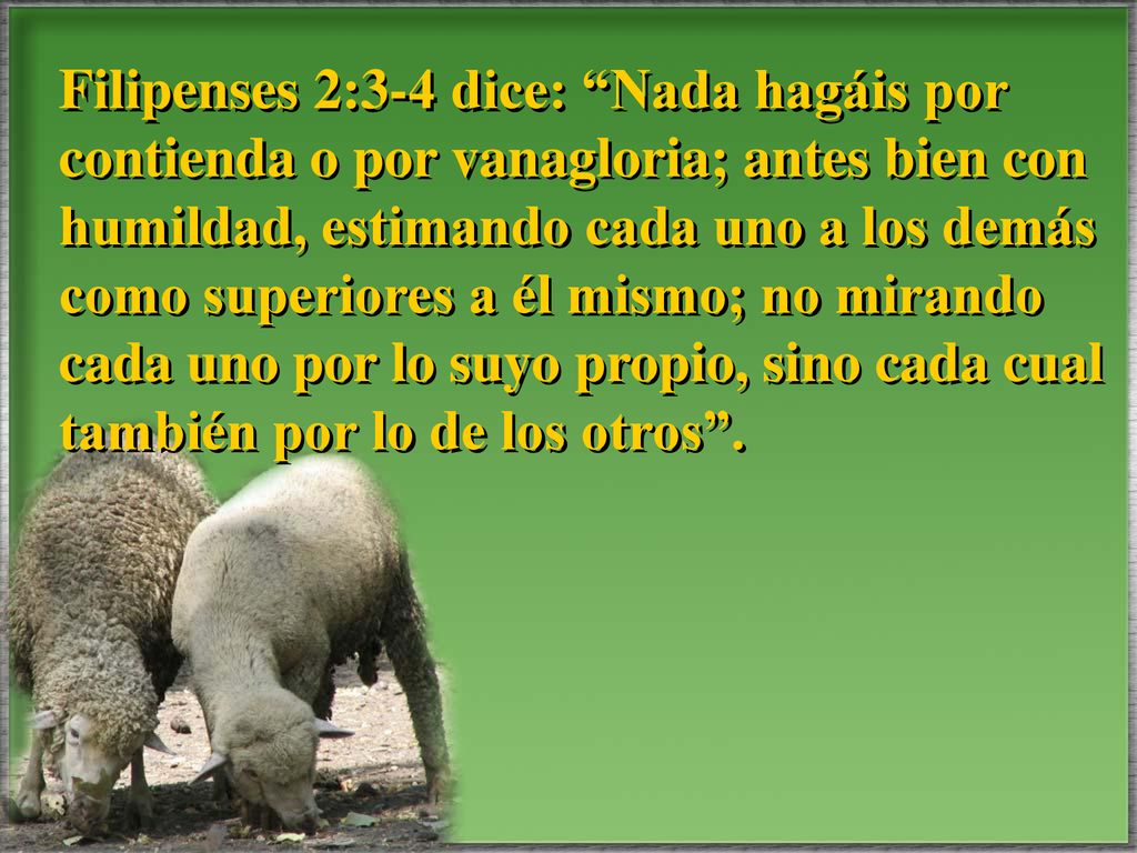 Filipenses 2:3-4 dice: Nada hagáis por contienda o por vanagloria; antes bien con humildad, estimando cada uno a los demás como superiores a él mismo; no mirando cada uno por lo suyo propio, sino cada cual también por lo de los otros .