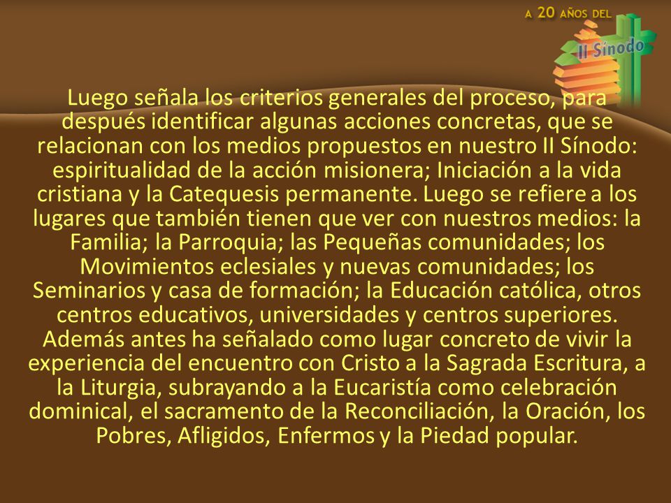 Luego señala los criterios generales del proceso, para después identificar algunas acciones concretas, que se relacionan con los medios propuestos en nuestro II Sínodo: espiritualidad de la acción misionera; Iniciación a la vida cristiana y la Catequesis permanente.