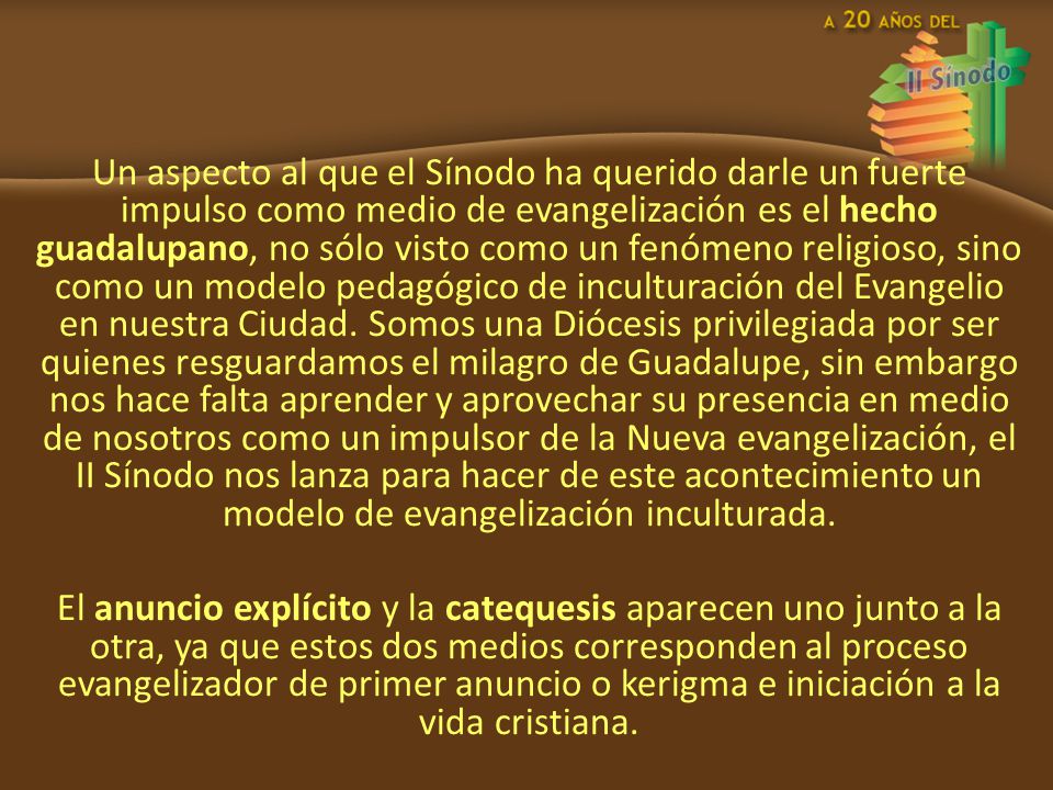 Un aspecto al que el Sínodo ha querido darle un fuerte impulso como medio de evangelización es el hecho guadalupano, no sólo visto como un fenómeno religioso, sino como un modelo pedagógico de inculturación del Evangelio en nuestra Ciudad.