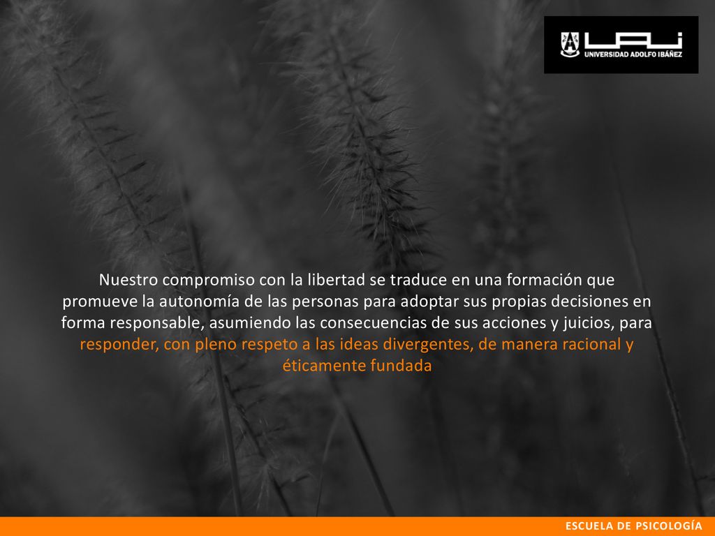 Nuestro compromiso con la libertad se traduce en una formación que promueve la autonomía de las personas para adoptar sus propias decisiones en forma responsable, asumiendo las consecuencias de sus acciones y juicios, para responder, con pleno respeto a las ideas divergentes, de manera racional y éticamente fundada