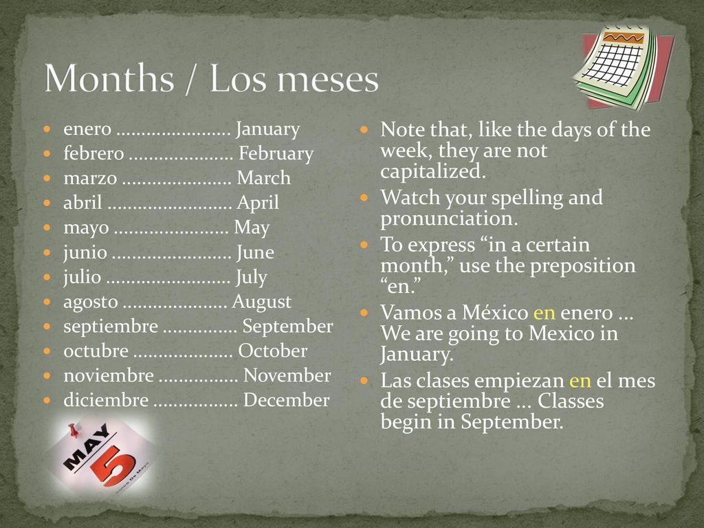 Months / Los meses enero January. febrero February. marzo March.