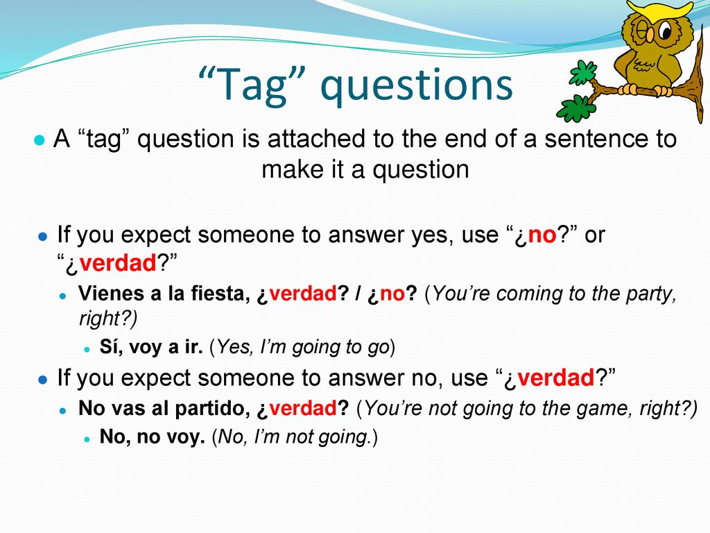 Tag questions A tag question is attached to the end of a sentence to make it a question.