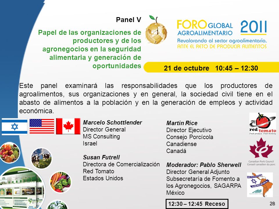 Panel V Papel de las organizaciones de productores y de los agronegocios en la seguridad alimentaria y generación de oportunidades.